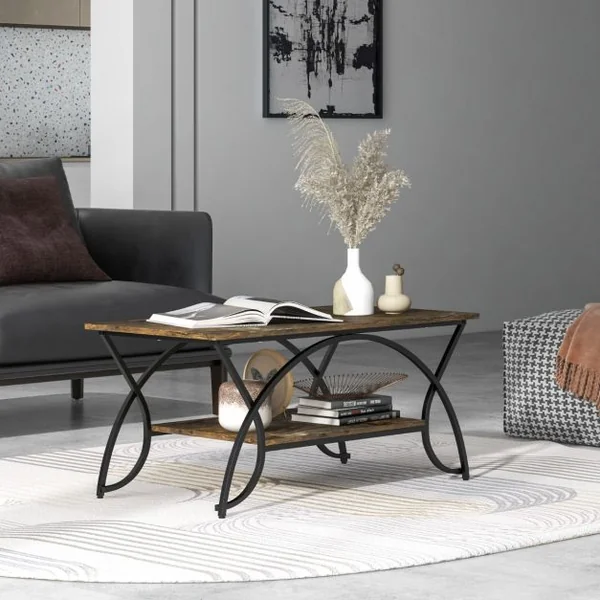 Table Basse Moderne Table d'Appoint Rectangulaire à 2 Niveaux avec Structure en Métal Table de Cocktail Chic pour Salon Brun/Blanc/Blanc et Or