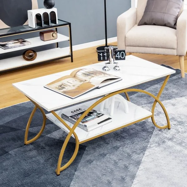 Table Basse Moderne Table d'Appoint Rectangulaire à 2 Niveaux avec Structure en Métal Table de Cocktail Chic pour Salon Brun/Blanc/Blanc et Or