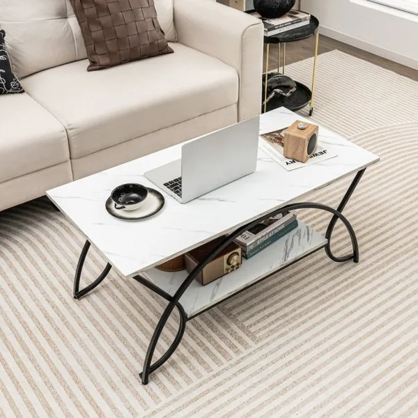 Table Basse Moderne Table d'Appoint Rectangulaire à 2 Niveaux avec Structure en Métal Table de Cocktail Chic pour Salon Brun/Blanc/Blanc et Or