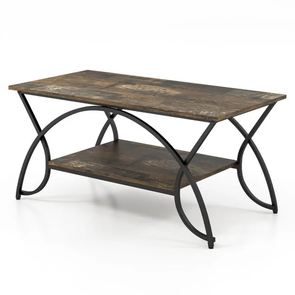 Table Basse Moderne Table d'Appoint Rectangulaire à 2 Niveaux avec Structure en Métal Table de Cocktail Chic pour Salon Brun/Blanc/Blanc et Or