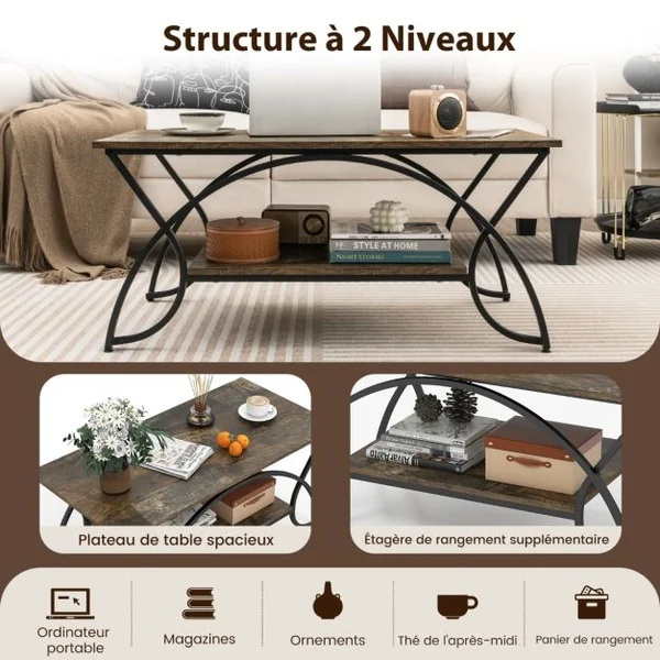 Table Basse Moderne Table d'Appoint Rectangulaire à 2 Niveaux avec Structure en Métal Table de Cocktail Chic pour Salon Brun/Blanc/Blanc et Or