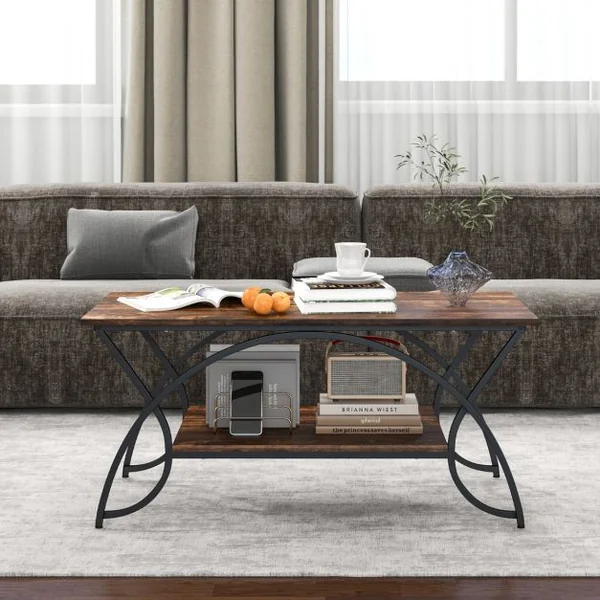 Table Basse Moderne Table d'Appoint Rectangulaire à 2 Niveaux avec Structure en Métal Table de Cocktail Chic pour Salon Café