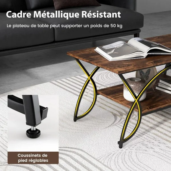 Table Basse Moderne Table d'Appoint Rectangulaire à 2 Niveaux avec Structure en Métal Table de Cocktail Chic pour Salon Café