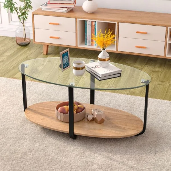 Table Basse Ovale en Verre Trempé à 2 Niveaux Table de Salon Moderne avec Coussinets de Pied Réglables et Cadre en Métal
