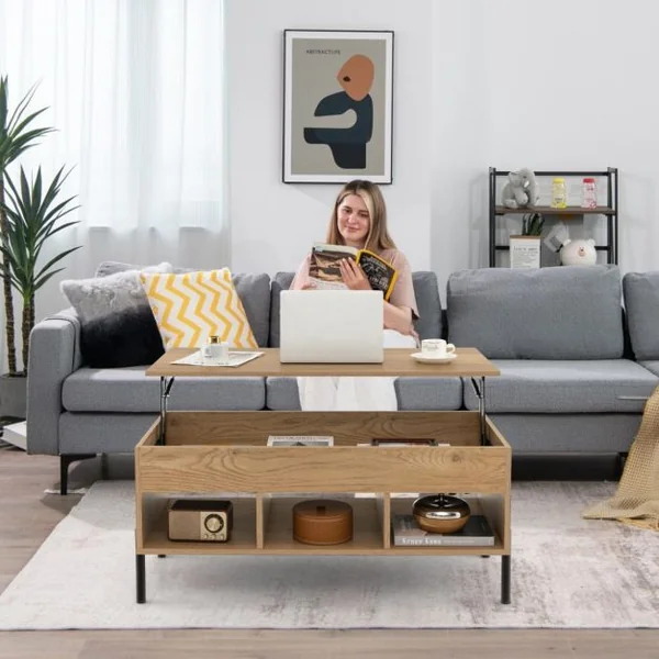 Table Basse Plateau Relevable avec 3 Compartiments et Rangement Caché Table de Salon à Pied en Métal avec Levage Pneumatique Naturel