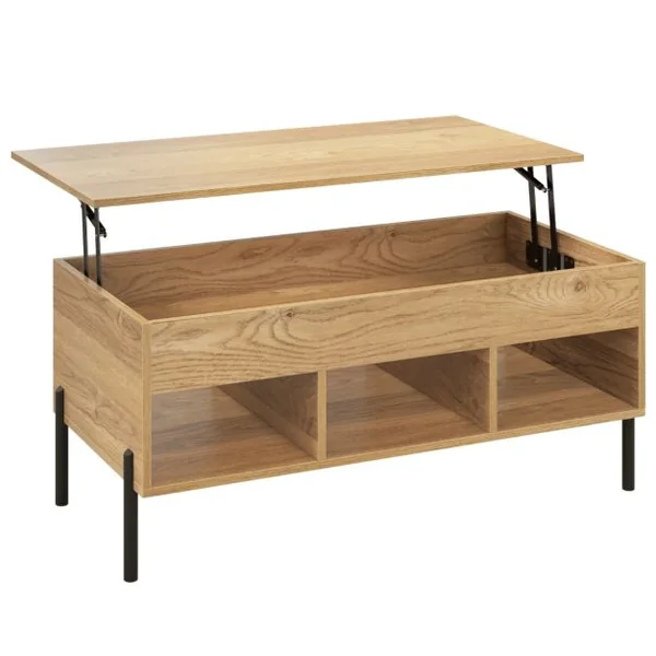Table Basse Plateau Relevable avec 3 Compartiments et Rangement Caché Table de Salon à Pied en Métal avec Levage Pneumatique Naturel