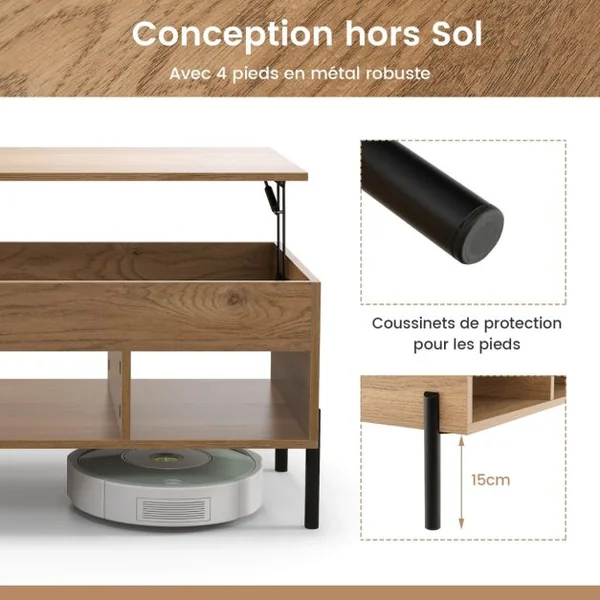 Table Basse Plateau Relevable avec 3 Compartiments et Rangement Caché Table de Salon à Pied en Métal avec Levage Pneumatique Naturel