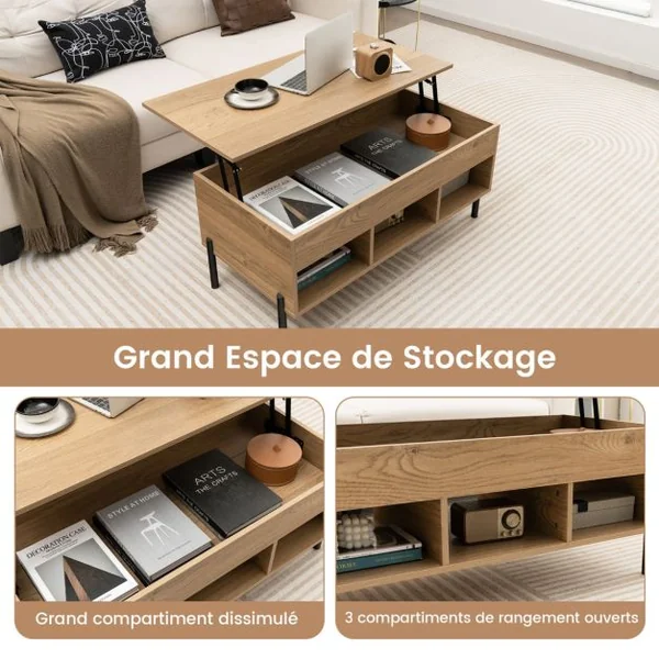 Table Basse Plateau Relevable avec 3 Compartiments et Rangement Caché Table de Salon à Pied en Métal avec Levage Pneumatique Naturel