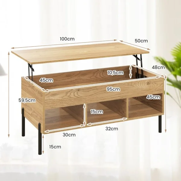 Table Basse Plateau Relevable avec 3 Compartiments et Rangement Caché Table de Salon à Pied en Métal avec Levage Pneumatique Naturel