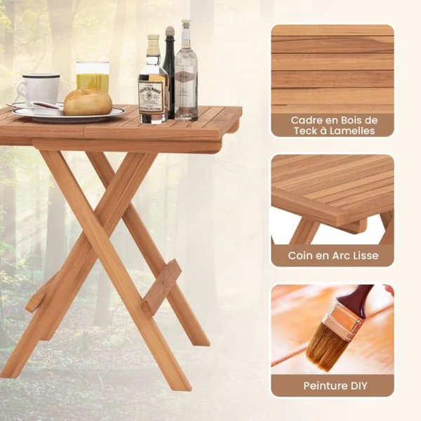 Table Basse Pliante de Jardin en Bois de Teck Plateau à Lattes Charge 80KG Table d‘Extérieure Carrée Patio Piscine