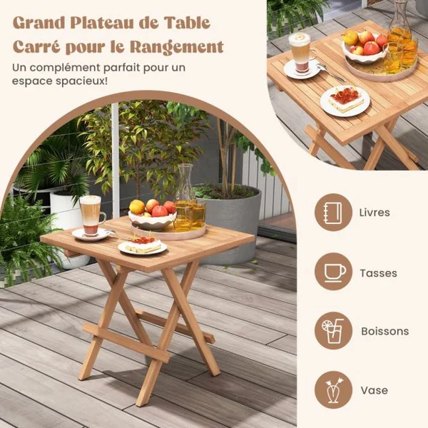 Table Basse Pliante de Jardin en Bois de Teck Plateau à Lattes Charge 80KG Table d‘Extérieure Carrée Patio Piscine