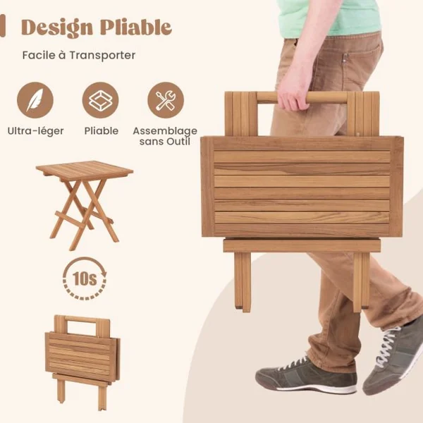 Table Basse Pliante de Jardin en Bois de Teck Plateau à Lattes Charge 80KG Table d‘Extérieure Carrée Patio Piscine