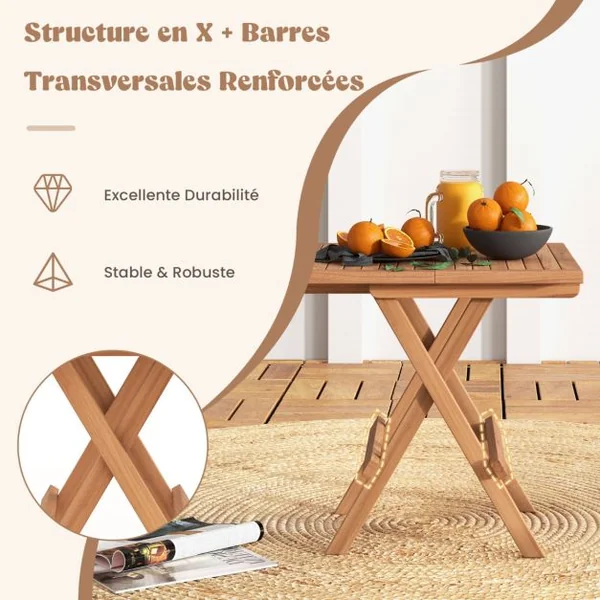 Table Basse Pliante de Jardin en Bois de Teck Plateau à Lattes Charge 80KG Table d‘Extérieure Carrée Patio Piscine