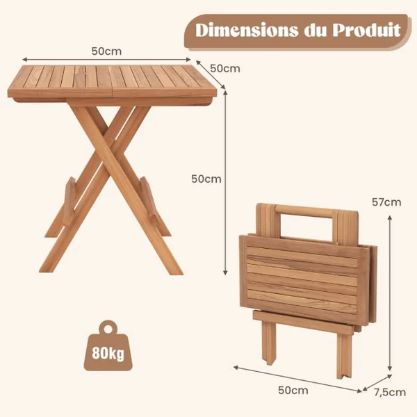 Table Basse Pliante de Jardin en Bois de Teck Plateau à Lattes Charge 80KG Table d‘Extérieure Carrée Patio Piscine
