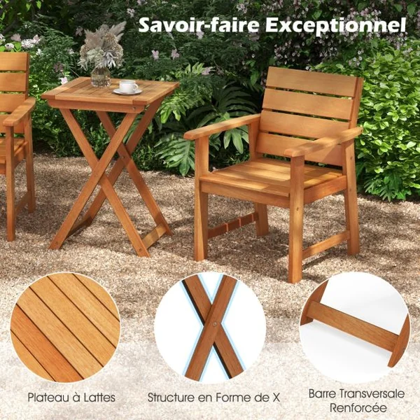 Table Basse Pliante de Jardin en Bois Plateau à Lattes Structure en Forme de X Table d‘Extérieure Carrée Balcon Piscine