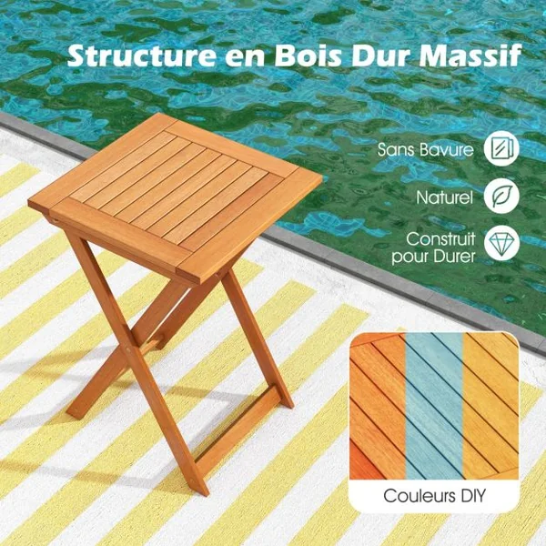 Table Basse Pliante de Jardin en Bois Plateau à Lattes Structure en Forme de X Table d‘Extérieure Carrée Balcon Piscine