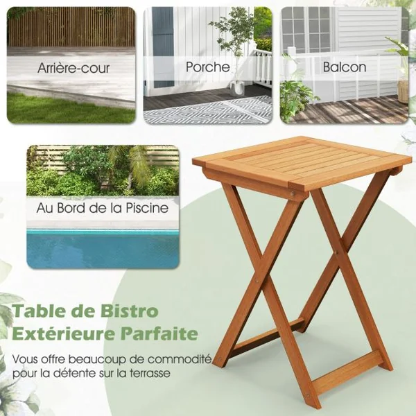 Table Basse Pliante de Jardin en Bois Plateau à Lattes Structure en Forme de X Table d‘Extérieure Carrée Balcon Piscine