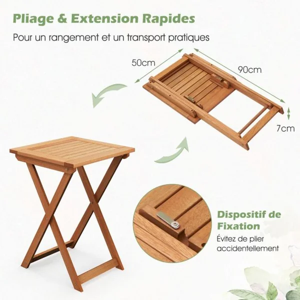 Table Basse Pliante de Jardin en Bois Plateau à Lattes Structure en Forme de X Table d‘Extérieure Carrée Balcon Piscine