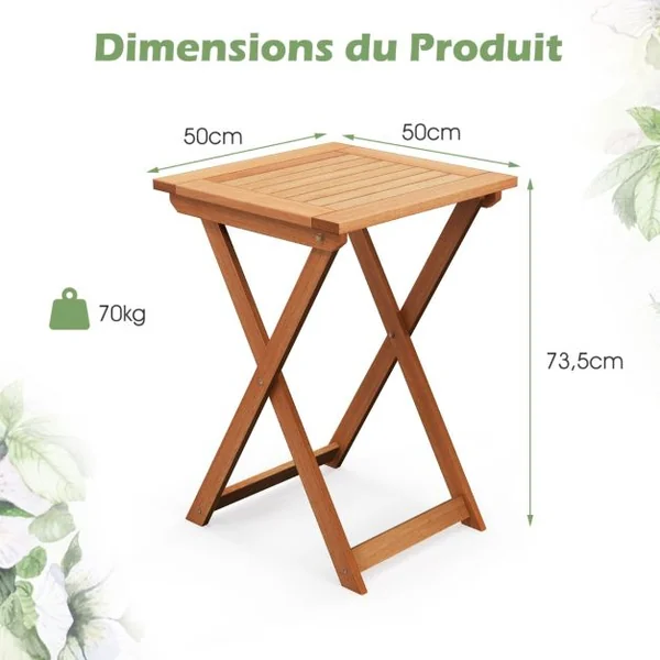 Table Basse Pliante de Jardin en Bois Plateau à Lattes Structure en Forme de X Table d‘Extérieure Carrée Balcon Piscine
