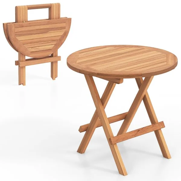 Table Basse Pliante de Jardin en Teck Plateau à Lattes Structure en Forme de X Table d‘Extérieure Ronde Terrasse Piscine