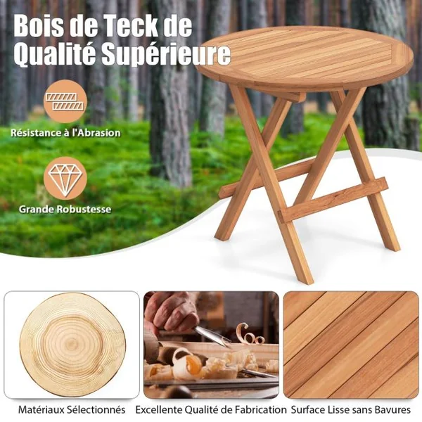 Table Basse Pliante de Jardin en Teck Plateau à Lattes Structure en Forme de X Table d‘Extérieure Ronde Terrasse Piscine