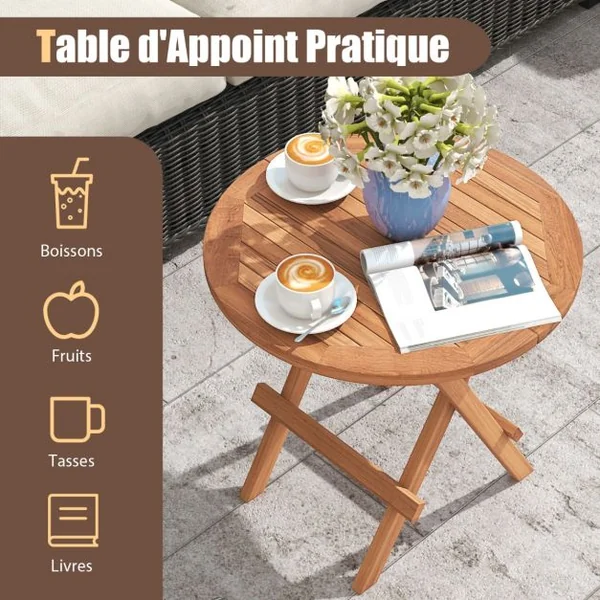 Table Basse Pliante de Jardin en Teck Plateau à Lattes Structure en Forme de X Table d‘Extérieure Ronde Terrasse Piscine