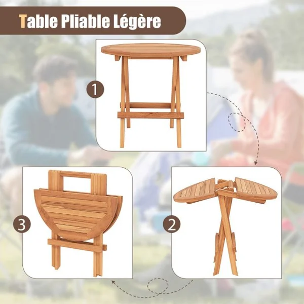 Table Basse Pliante de Jardin en Teck Plateau à Lattes Structure en Forme de X Table d‘Extérieure Ronde Terrasse Piscine