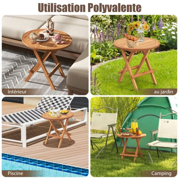 Table Basse Pliante de Jardin en Teck Plateau à Lattes Structure en Forme de X Table d‘Extérieure Ronde Terrasse Piscine