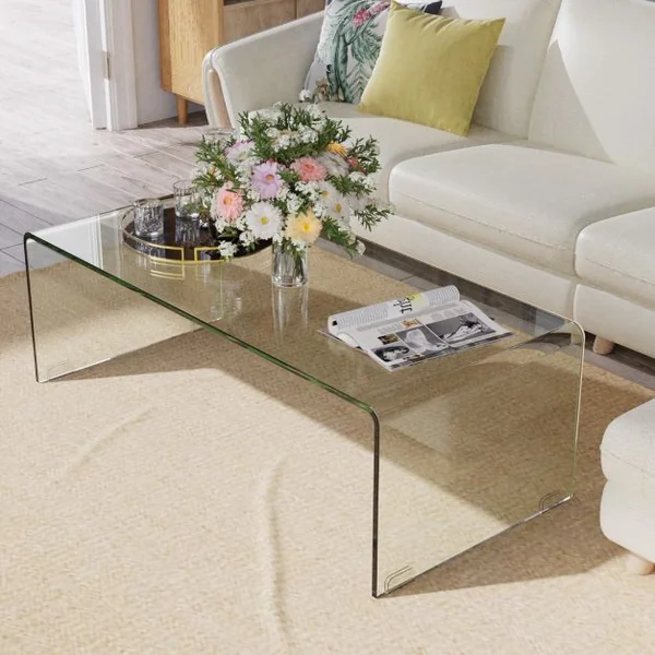Table Basse Rectangulaire en Verre Trempé 108x50x35 CM Table de Salon en Forme de U avec Bords Arrondis Lisses Charge 30KG