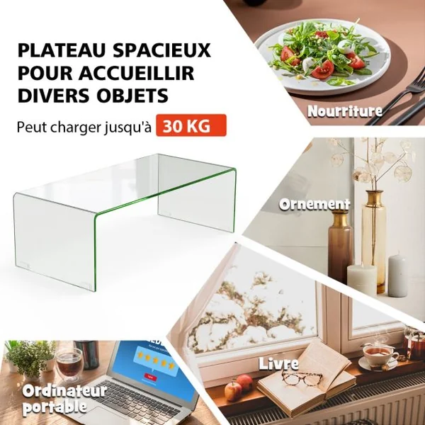 Table Basse Rectangulaire en Verre Trempé 108x50x35 CM Table de Salon en Forme de U avec Bords Arrondis Lisses Charge 30KG