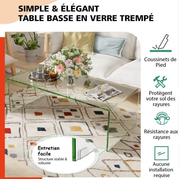 Table Basse Rectangulaire en Verre Trempé 108x50x35 CM Table de Salon en Forme de U avec Bords Arrondis Lisses Charge 30KG
