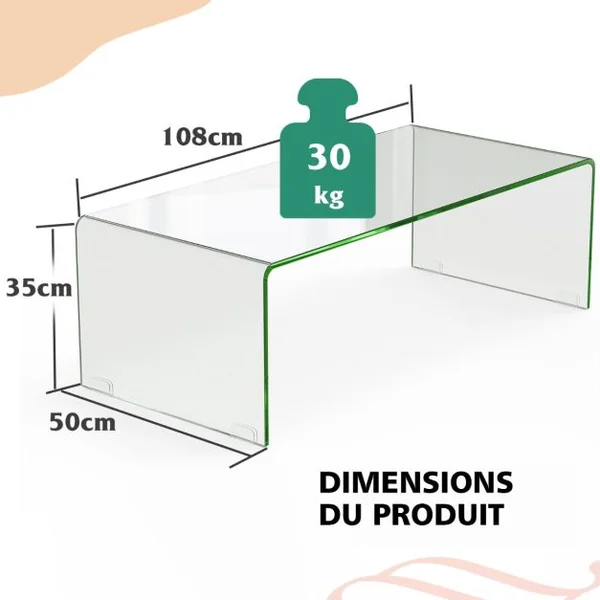 Table Basse Rectangulaire en Verre Trempé 108x50x35 CM Table de Salon en Forme de U avec Bords Arrondis Lisses Charge 30KG