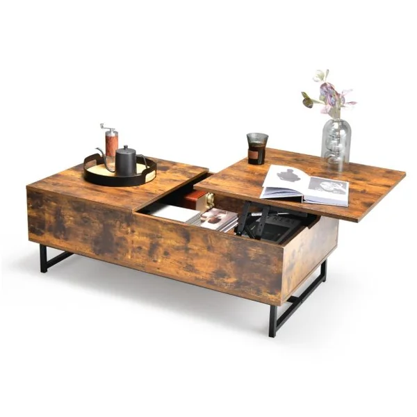 Table Basse Relevable avec 1 Compartiment Latéral Table Basse Transformable Cadre en Métal Levage Hydraulique pour Salon Bureau Chambre 110 x 60 x 38 cm Café