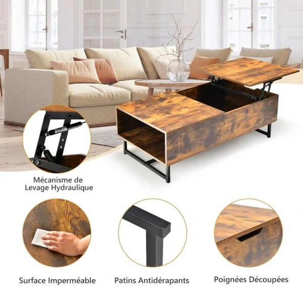 Table Basse Relevable avec 1 Compartiment Latéral Table Basse Transformable Cadre en Métal Levage Hydraulique pour Salon Bureau Chambre 110 x 60 x 38 cm Café