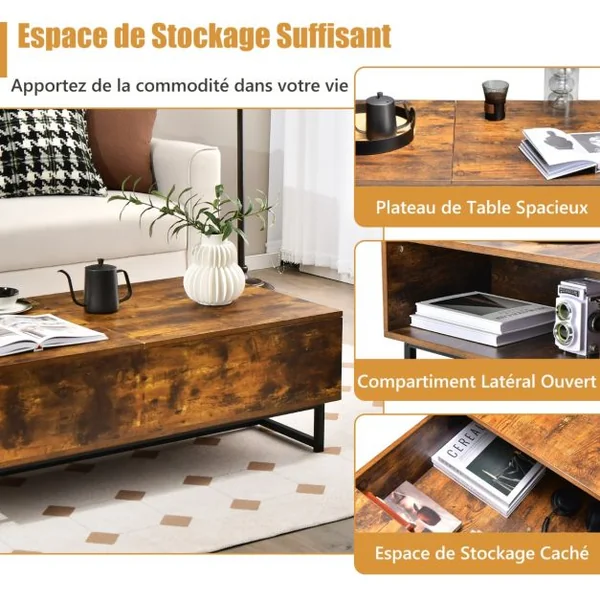 Table Basse Relevable avec 1 Compartiment Latéral Table Basse Transformable Cadre en Métal Levage Hydraulique pour Salon Bureau Chambre 110 x 60 x 38 cm Café
