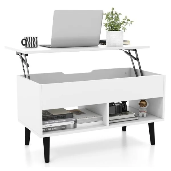 Table Basse Relevable avec 2 Compartiments et Rangement Caché Table Salon à Pieds en Bois de Pin avec Levage Pneumatique Blanc/Gris/Noir