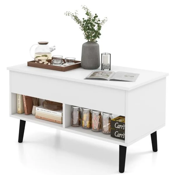 Table Basse Relevable avec 2 Compartiments et Rangement Caché Table Salon à Pieds en Bois de Pin avec Levage Pneumatique Blanc/Gris/Noir