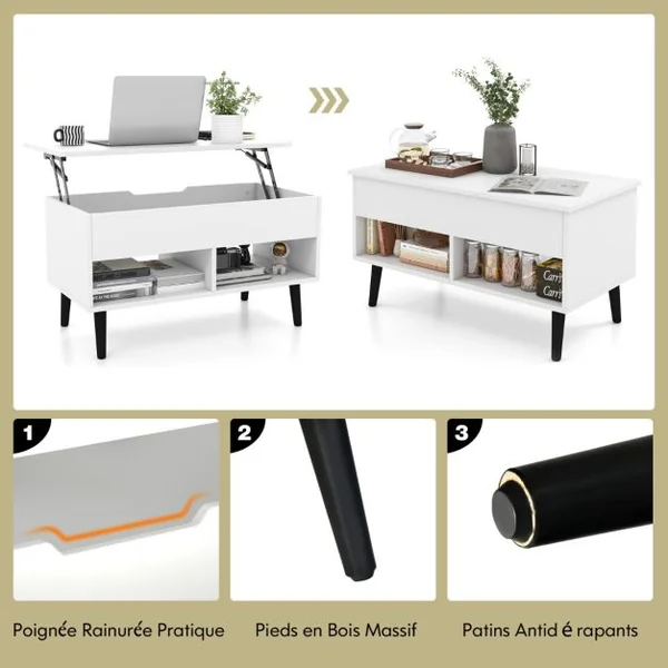 Table Basse Relevable avec 2 Compartiments et Rangement Caché Table Salon à Pieds en Bois de Pin avec Levage Pneumatique Blanc/Gris/Noir