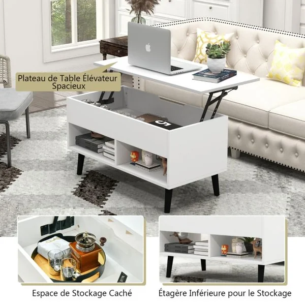 Table Basse Relevable avec 2 Compartiments et Rangement Caché Table Salon à Pieds en Bois de Pin avec Levage Pneumatique Blanc/Gris/Noir