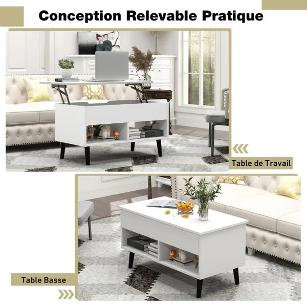 Table Basse Relevable avec 2 Compartiments et Rangement Caché Table Salon à Pieds en Bois de Pin avec Levage Pneumatique Blanc/Gris/Noir