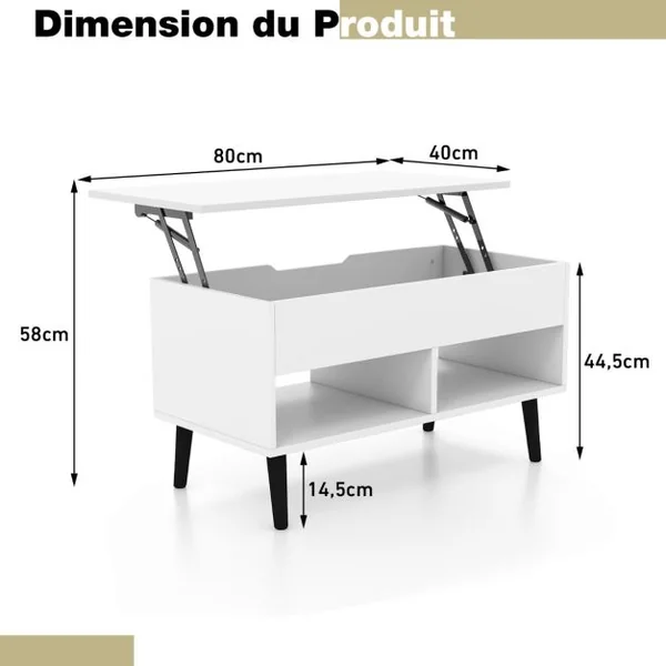 Table Basse Relevable avec 2 Compartiments et Rangement Caché Table Salon à Pieds en Bois de Pin avec Levage Pneumatique Blanc/Gris/Noir
