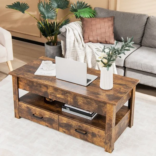 Table Basse Relevable à 2 Niveaux avec 2 Tiroirs Levage Pneumatique Table de Salon de Style Industriel avec Rangement Caché Brun Rustique