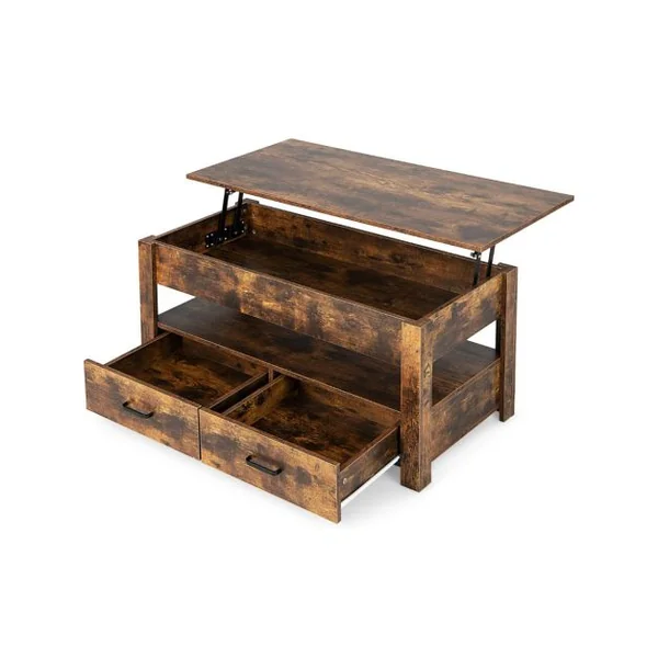 Table Basse Relevable à 2 Niveaux avec 2 Tiroirs Levage Pneumatique Table de Salon de Style Industriel avec Rangement Caché Brun Rustique