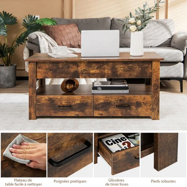 Table Basse Relevable à 2 Niveaux avec 2 Tiroirs Levage Pneumatique Table de Salon de Style Industriel avec Rangement Caché Brun Rustique