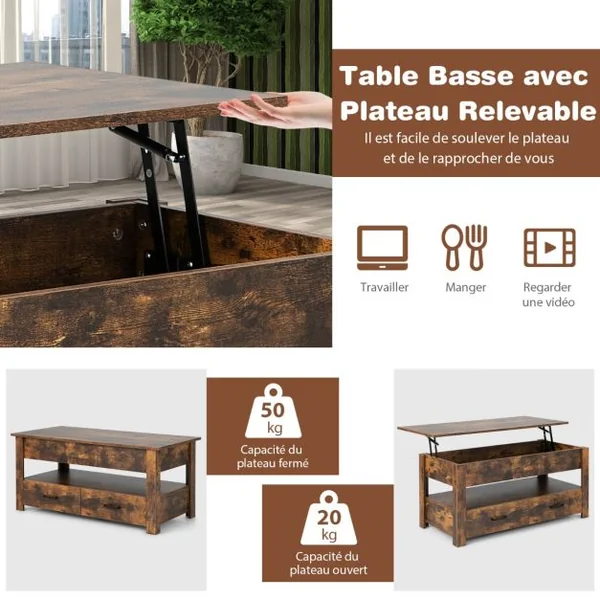 Table Basse Relevable à 2 Niveaux avec 2 Tiroirs Levage Pneumatique Table de Salon de Style Industriel avec Rangement Caché Brun Rustique