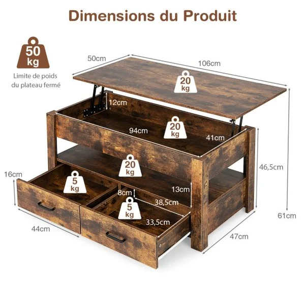 Table Basse Relevable à 2 Niveaux avec 2 Tiroirs Levage Pneumatique Table de Salon de Style Industriel avec Rangement Caché Brun Rustique