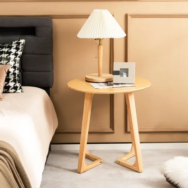 Table Basse Ronde de 60 CM, Table d’Appoint en Bois avec 2 Pieds en Forme de V et 4 Patins Réglables pour Salon et Chambre