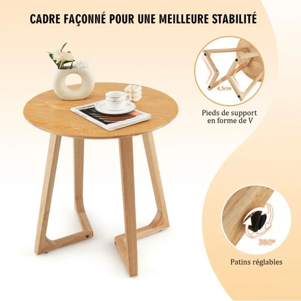 Table Basse Ronde de 60 CM, Table d’Appoint en Bois avec 2 Pieds en Forme de V et 4 Patins Réglables pour Salon et Chambre