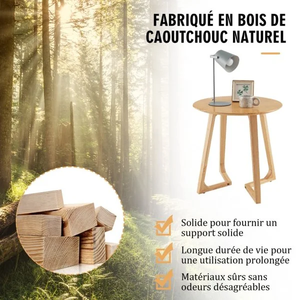 Table Basse Ronde de 60 CM, Table d’Appoint en Bois avec 2 Pieds en Forme de V et 4 Patins Réglables pour Salon et Chambre