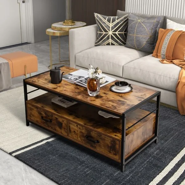 Table Basse Salon Table Basse Industrielle 2 Tiroirs et 2 Étagères Cadre en Métal Banc TV pour Télé 45 ″ au Max 105 x 50 x 45 cm
